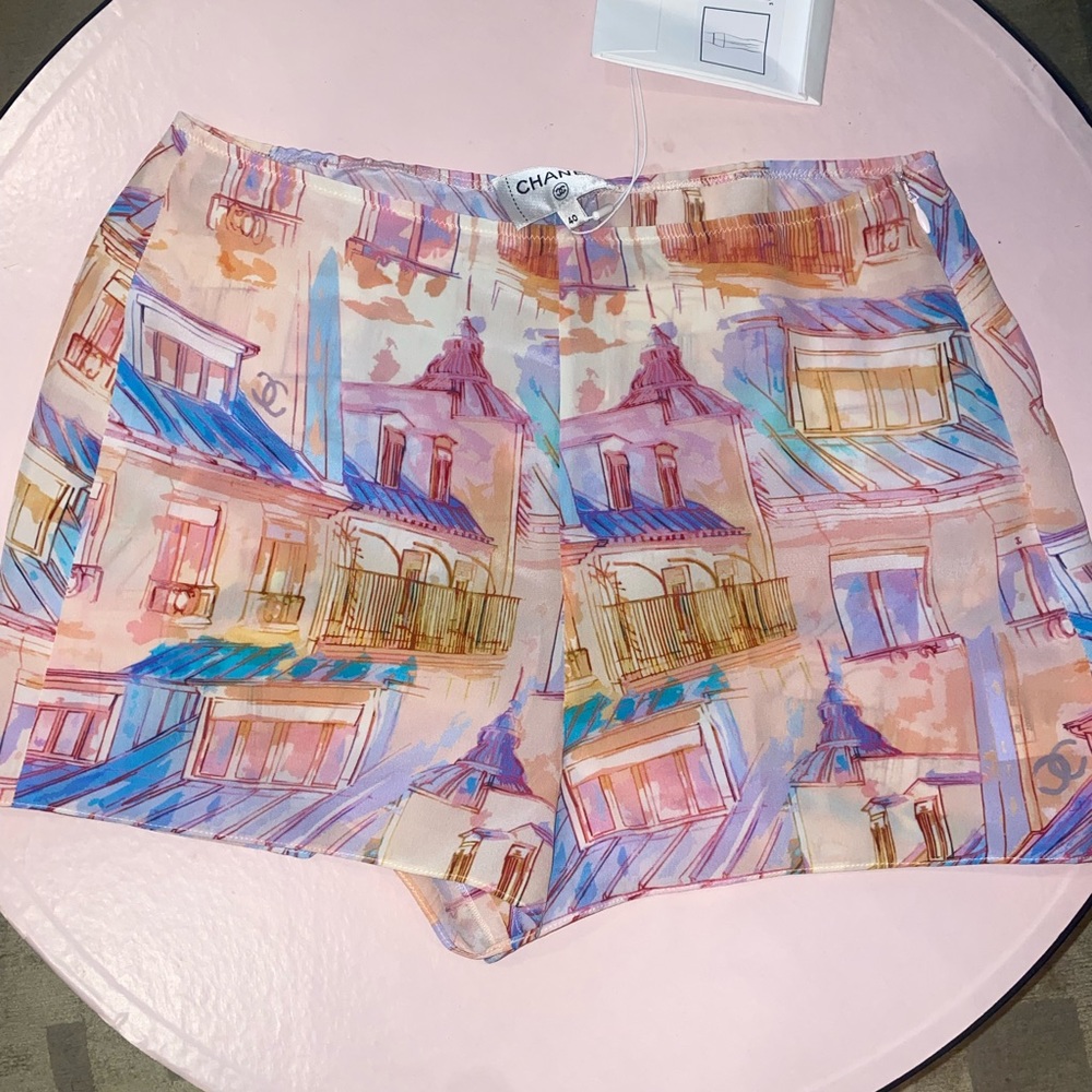 Chanel silk shorts. Pastel colors, logo and intricate pattern